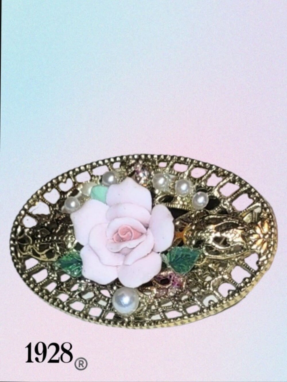 1928 Pink Porcelain Flower Brooch Bar pin Style w/ AB Crystals & Pearls